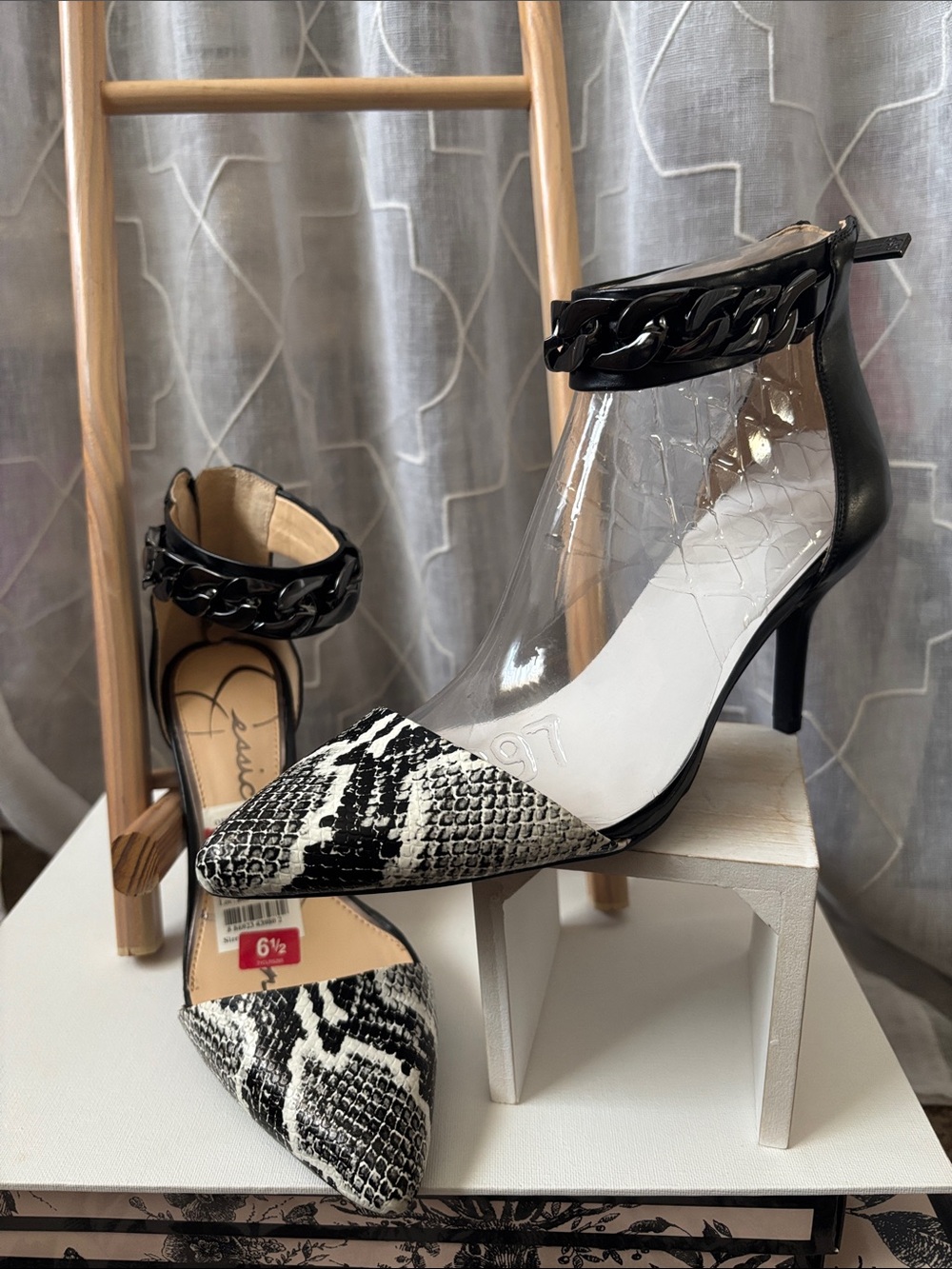 Jessica Simpson Black & White Faux Snakeskin Pointed Toe Heels —Style Weelee